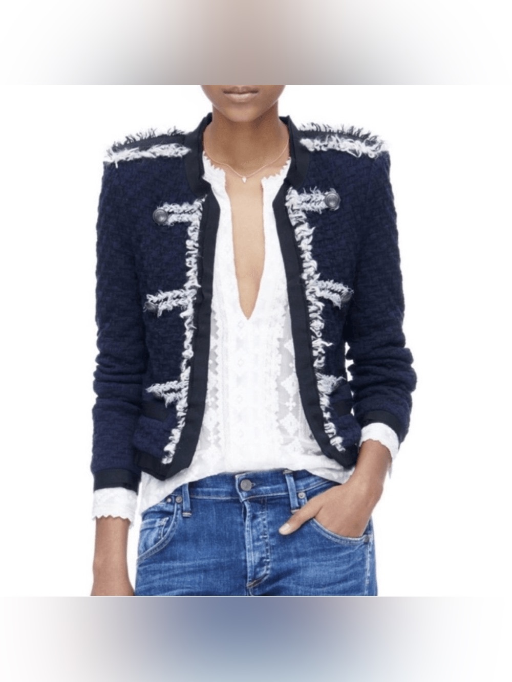 Rebecca Taylor Lena Navy Fringed Bouclé Military-Style Jacket